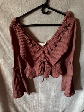 Peach Love California Mauve Waffle Knit Ruffle Tie-Front Crop Top